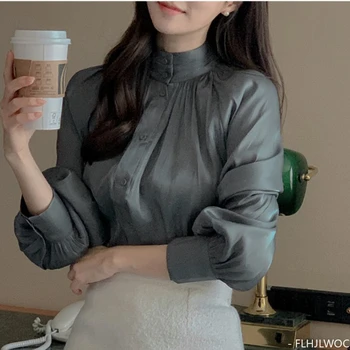 Švelnūs saldūs korėjietiški prašmatnūs marškiniai Žibintų rankovės Ryškūs korėjietiški pagrindiniai marškiniai Pusė aukšto kaklo sagų Elegantiška retro vintažinė palaidinė