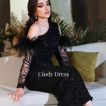 Cindy išleistuvių suknelė Karoliukais siuvinėjimas Moters vakarinis plunksnų vakarėlis Vestuvės Vieno peties moterys Elegantiškas prabangus juodas pokylis