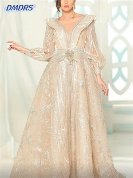 Prabangi A linijos vakarinė suknelė Žavinga karoliukais puošta suknelė 2024 Stilinga gili V kaklo grindų ilgio nuotakos suknelė Vestidos De Novia