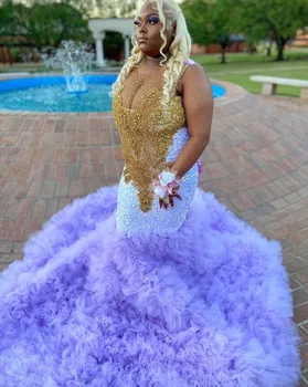Lilac Purple Plus Size Black Girl Prom Queen suknelė moterims 2024 m. Sidabrinė deimantų krištolo raukinių traukinio vakarinė gimtadienio suknelė
