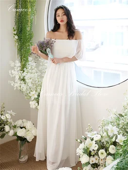 SONDR Korea A-Line Off the Shoulder Wedding Dress Custom Made Oficiali nuotakos suknelė 웨딩드레스 Ivory Simple Chiffon Wedding Gown Bridal