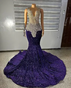 Gillter Violetinė Afrikos trimitas Vakarinė oficiali suknelė moterims Spindintys deimantiniai blizgučiai Aksominė Juoda gIrl prom suknelė