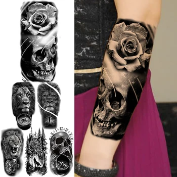 3D Juoda kaukolė Rožės žiedas Laikinos tatuiruotės moterims Suaugęs liūtas Vilkas Kompasas Netikra tatuiruotė Neperšlampamas pusrankių Tatoos popierius