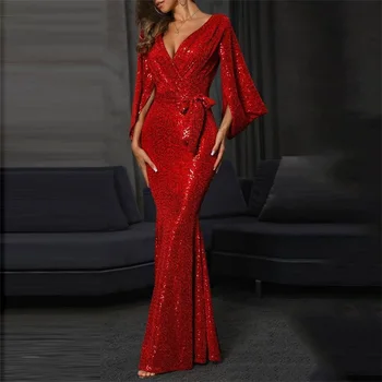 Blizgučiai Paillette High Split Women Prom suknelė Juosmens juosta Deep-V kaklo vakarinė suknelė Raudona suknelė ilgomis rankovėmis Vakarinė suknelė Naujas dizainas Sandėlyje