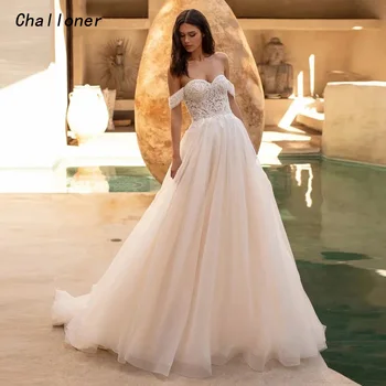 Challoner Elegantiška mielaširdinga vestuvinė suknelė nuo pečių nėrinių aplikacijos Be nugaros Tiulio nuotakos suknelė Grindų ilgis Vestidos De Novia