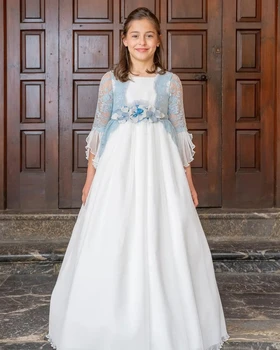 Gėlių mergaitės suknelė vestuvėms Vintažinė nėrinių aplikacija su lanku Pageant Prom suknelė Vaiko gimtadienis Vestuvės Šventosios Komunijos suknelės