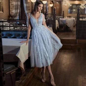 LSYX Baby Blue V-Neck Prom suknelės 2023 Tea-Length A-Line Tussel nėrinių aplikacijos Blizgučiai Vakarinė vakarėlio suknelė Backless Homecoming
