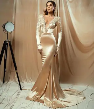Dizainerio šampano vakarinės suknelės Deep V Neck ilgomis rankovėmis Undinėlės vakarėlio suknelė Seksuali nėrinių aplikacija Karoliukais Pagaminta pagal užsakymą Satin Prom
