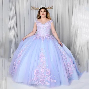 Sky Blue Quinceanera suknelės su rankų darbo 3D gėlių aplikacija Vestidos XV Años Sweet 16 Bow Robe de Soirée Ball chalatai