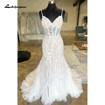 Lakshmigown Prabangios nėrinių undinės vestuvinės suknelės moterims 2024 Pleat Plunging Sexy Bridal Boho vestuvinės suknelės trouwjurk