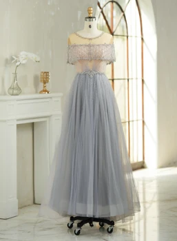 Linyang Grey O Neck Prom suknelė Cape Sleeves Elegantiškas oficialus vakarėlis Long Sequinned A Line suknelė moterims 2023