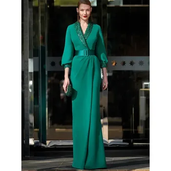 Išskirtinė apranga su apvalkalu Prom suknelė 2024 Moterims ilgomis rankovėmis V formos kaklo karoliukai Nėrinių satino vakarinė gimtadienio suknelė