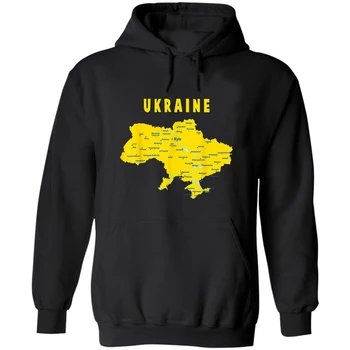 Ukrainos žemėlapis su pažymėtu miesto pavadinimu Grafika Ukraina Unisex megztinis džemperis su gobtuvu Naujas 100% medvilninis kasdienis vyriškas džemperis Gatvės apranga