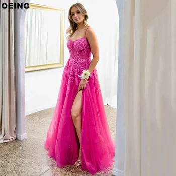 OEING Rose Red A-Line Prom suknelės Elegantiškos tiulio grindų ilgio vakarinė suknelė ypatinga proga šoninė padalinta suknelė Vestidos de Novia