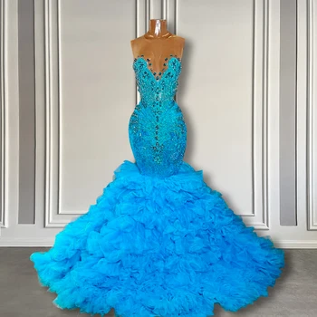 Spalvingi mėlyni krištoliniai blizgučiai Moterys Ilgi prom chalatai Elegantiška undinės stiliaus suknelė Ruffle Prom 2024 juodaodėms mergaitėms