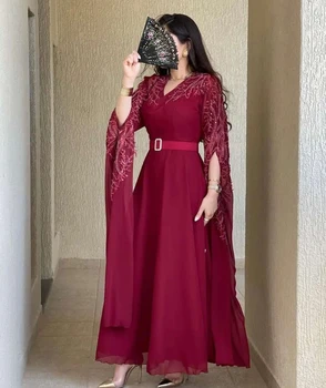 Santorini nėrinių aplikacija V kaklo prom suknelės ilgomis rankovėmis Varčia Saudo Arabijos moterų vakarėlis A linija Vestuvių svečiai dėvi