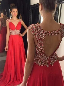 Long Prom suknelės 2017 V-Neck Berankovės šlavimo traukinio šifono krištolo A-linijos vakarėlio suknelė 2016