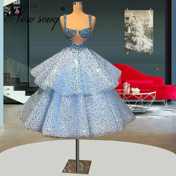 Dubajaus dizainas Mėlyni karoliukai Vakarinės suknelės Kulkšnies ilgis Pūstas sijonas Prom suknelė Princesės moterų vakarėlių chalatai Afrikos įžymybių suknelė