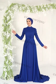 ilgomis rankovėmis hidžabo musulmonų vakarinės suknelės Satin High Neck Islamo formalios partijos suknelė Arabiškas Dubajaus moterų chalatai De Soirée