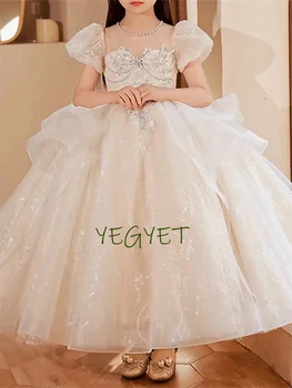 Dramblio kaulo gėlių mergaitės suknelės vestuvėms 2022 Tiulio aplikacijos trumpomis rankovėmis Princesės mažylio pageant chalatai Pirmosios komunijos suknelės