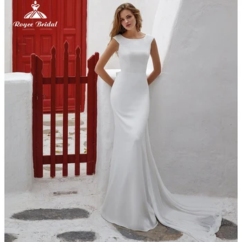 Sexy Scoop-Neck Bow Pleat Mermaid Wedding Dresses 2022 Šifono nuotakos chalatai Šluoja trumpai nuo pečių be grindų ilgio