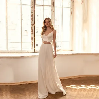 Beach Simple Plain White Wedding Dresses for Women V-Neck Spaghetti Straps Backless Bridal Gowns Floor Length vestido de novia
