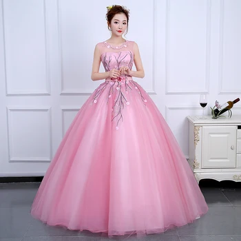 Saldus rožinis rutulinis chalatas Klasikinis gėlėtas kaušelis Kaklas Quinceanera suknelės Elegantiškos rankovės Ilgas tiulis Vestido De Debiutantas Pagal užsakymą