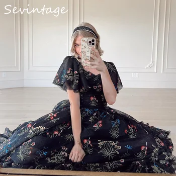 Sevintage Black Embroidery Nėriniai Gėlių Tiulis Prom suknelės Trumpomis rankovėmis A-Line vakariniai chalatai Vestuvinė suknelė 2023