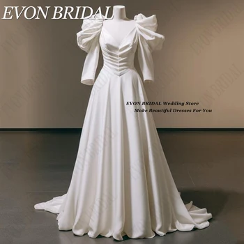 EVON BRIDAL Princess vestuvinės suknelės moterims ilgomis pūstomis rankovėmis Nuotakos rutulio suknelė Satin A-Line vestido de novia 2024 Pagaminta pagal užsakymą