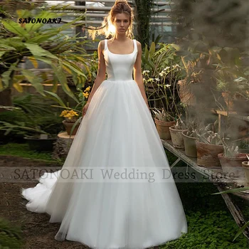 Elegantiškos paprastos paprastos kvadratinės apykaklės vestuvinės suknelės moterims A-Line Sweep Train Backless Bride Gowns Vestidos De Novia Custom Made