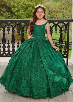 Žalios mini svarainių suknelės Rutulinis chalatas Spagečių dirželiai Tiulio aplikacijos Gėlių mergaičių suknelės vestuvėms Pageant suknelės Kūdikis