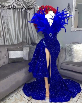 Royal Blue Sequin Feathers V Neck Long Sleeve Mermaid Prom Suknelės 2023 Prabangūs chalatai Black Girs High Plyšys Oficiali proga suknelė