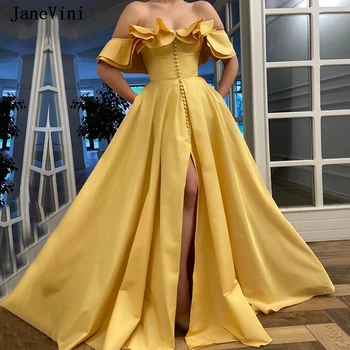 JaneVini Elegantiškos šviesiai geltonos ilgos prom suknelės su kišenėmis 2020 m. be pečių be rankovių A linijos aukšto suskaidyto satino oficiali suknelė