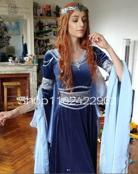 Navy Blue Velvet Viduramžių prom suknelės su fėjų ilgomis rankovėmis sidabrinių nėrinių siuvinėjimais Fantasy Crimson Cosplay vakarinė suknelė