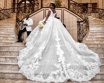African Off The Shoulder vestuvinė suknelė 2024 Retro nėrinių aplikacijos Nuotakos suknelė Ilgas traukinys Pagal užsakymą pagamintas chalatas De Mariee Vestdios